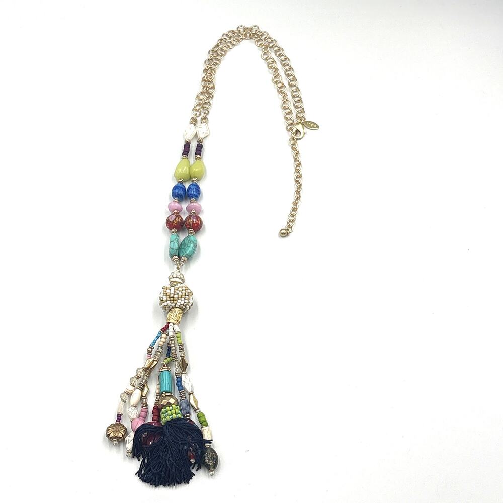 Chico's Multi-bead Tassel Statement Necklace Gold-Tone Beaded Dramatic Long
